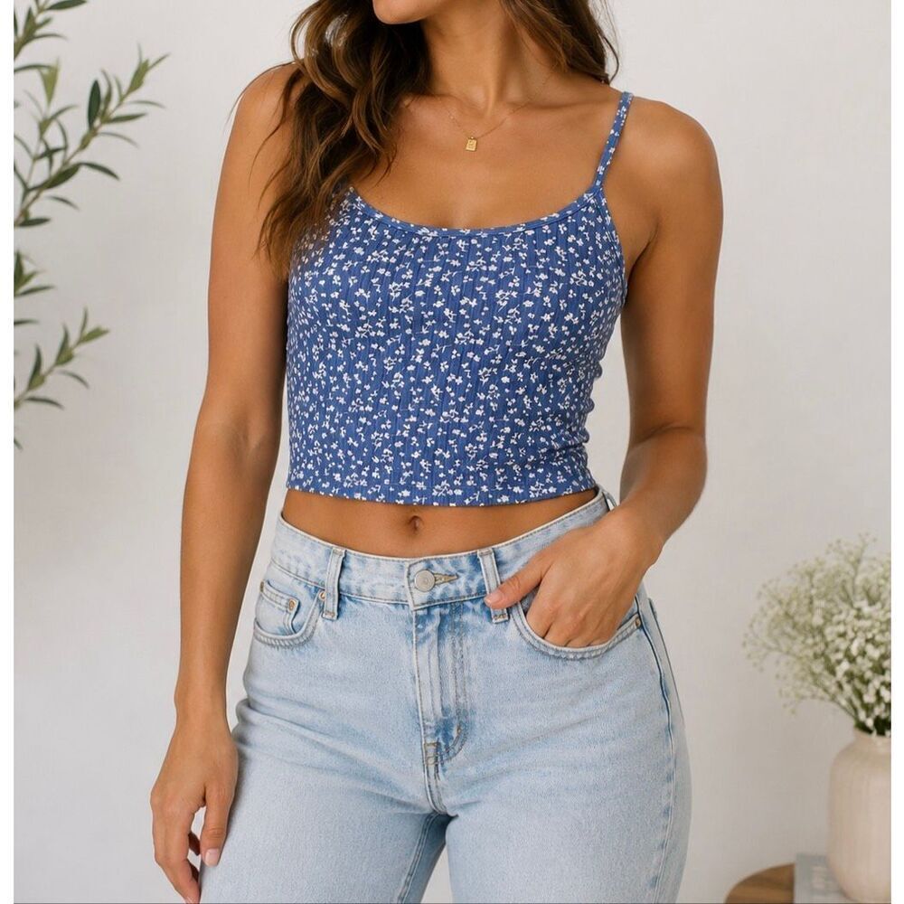 Old Navy Blue Floral Ribbed Crop Tank Top Size M Cottagecore Y2K